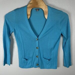 J Jill Cardigan Sweater Blue Long Sleeve Linen Blend Pockets Coastal Size Medium